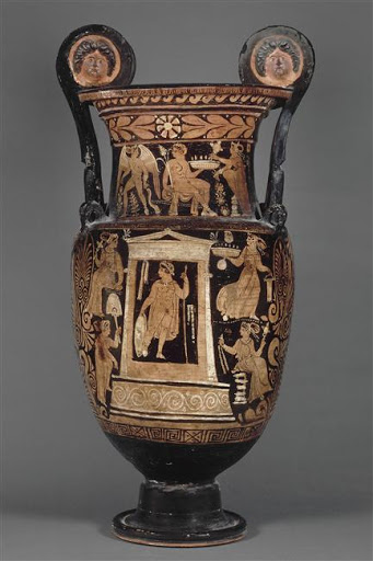 Face A du Cratère de Lasimos, cratère à volutes à figures rouges, vers 330-310 avant J.C, 108 cm x 54 cm. Provenance de Canosa, Apulie. Départements des Antiquités grecques, étrusques et romaines, Louvre, Paris.